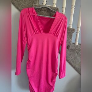 Women’s Hot Pink Long Sleeve V-Neck Dress